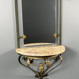 Wall console with mirror, wrought iron and marble, 20th century