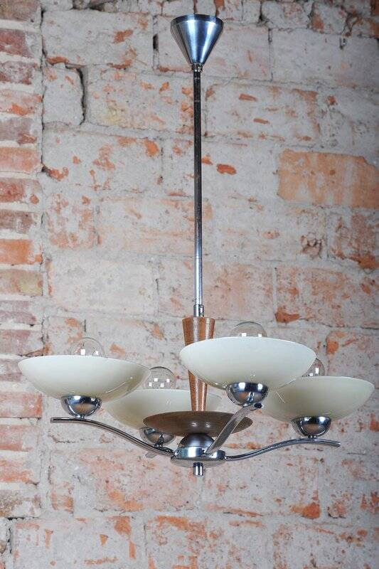 Art Deco Chandelier in Chromed Steel and Beech, Czech, 1920s