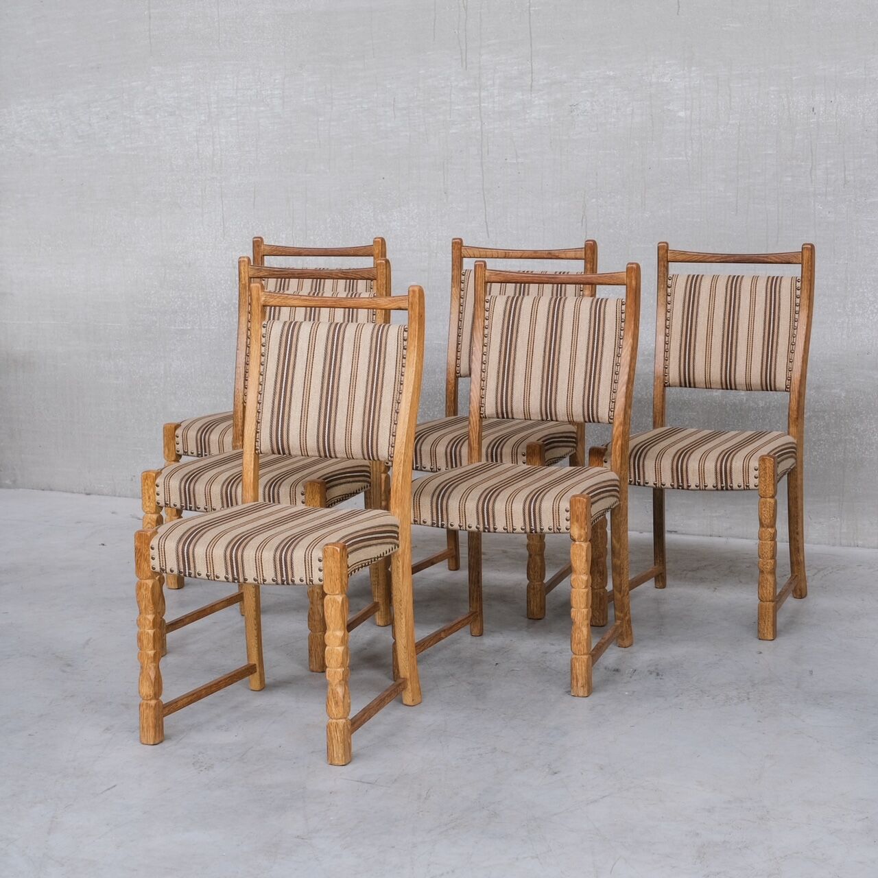 Set of six mid-century oak upholstered danish dining chairs