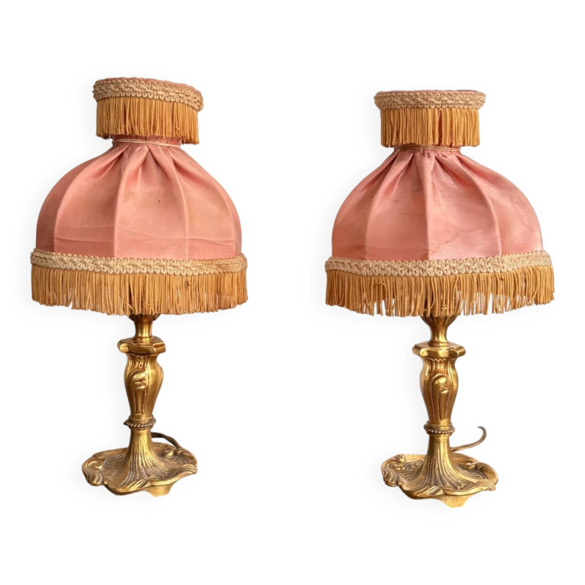 Pair of Bedside Lamps in Gilded Bronze with Pink Silk Shades and Fringes in Louis XV Style