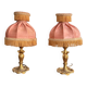 Pair of Bedside Lamps in Gilded Bronze with Pink Silk Shades and Fringes in Louis XV Style