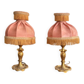 Pair of Bedside Lamps in Gilded Bronze with Pink Silk Shades and Fringes in Louis XV Style