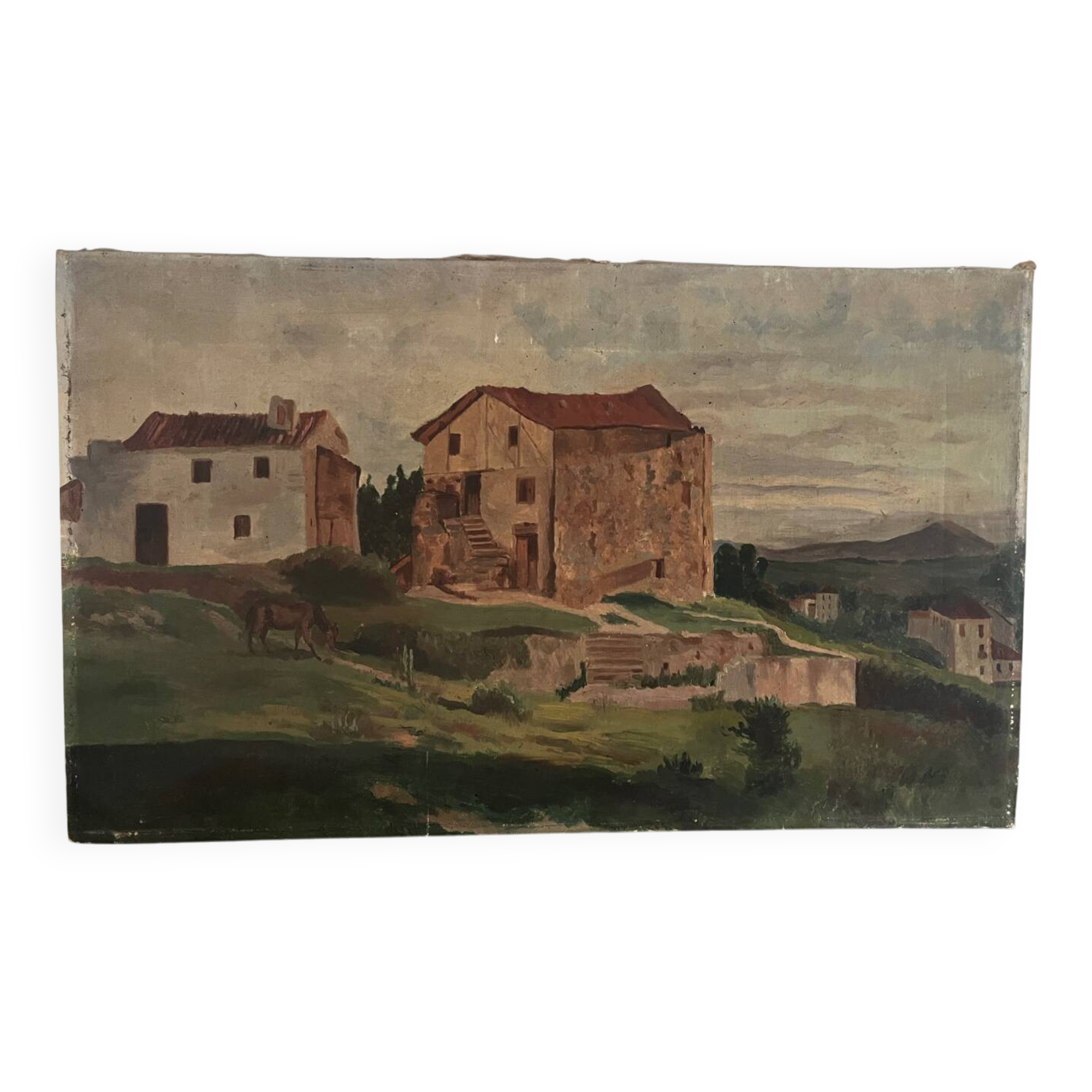 Castelet du pays Cathare, huile sur toile ancienne