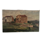Castelet du pays Cathare, huile sur toile ancienne