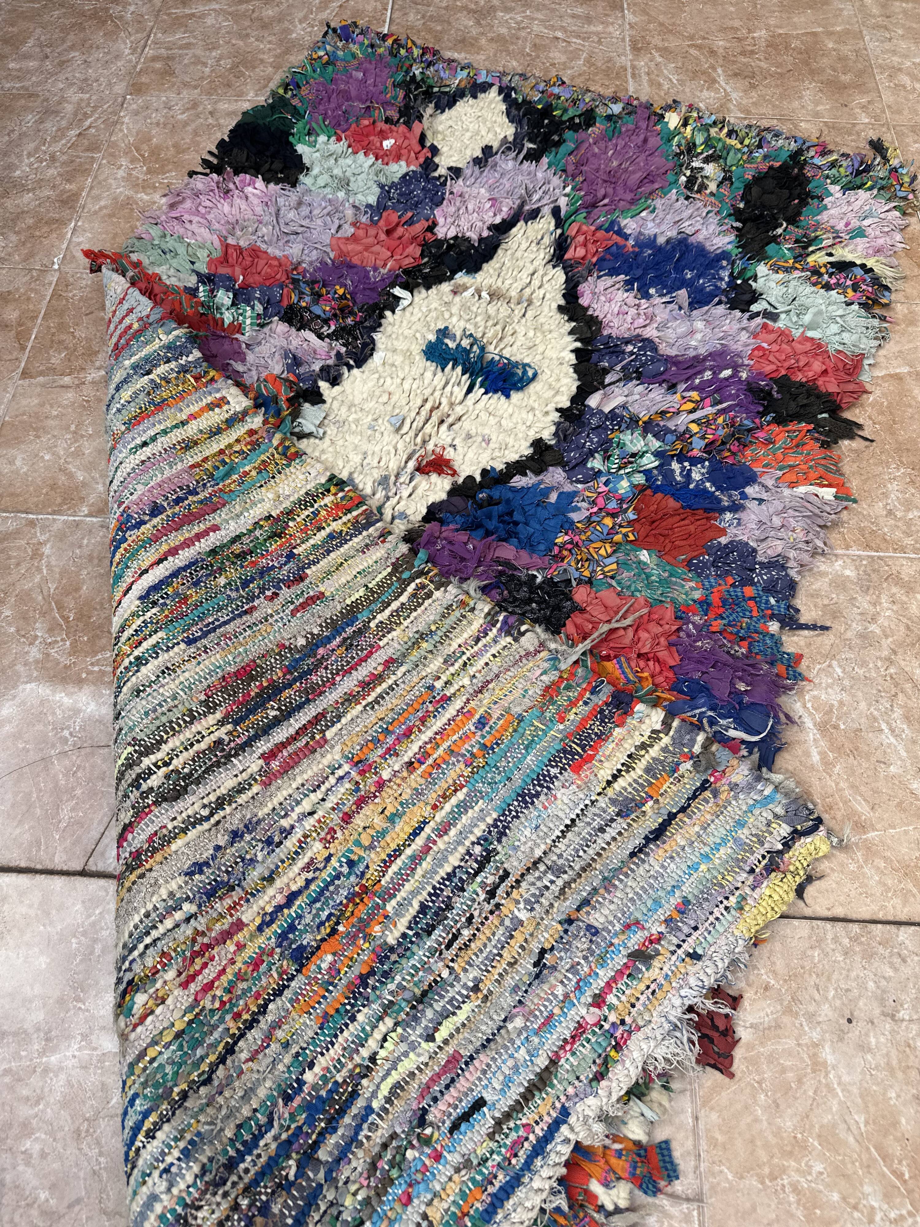 Vintage Moroccan Boucherouite rug: small abstract rug