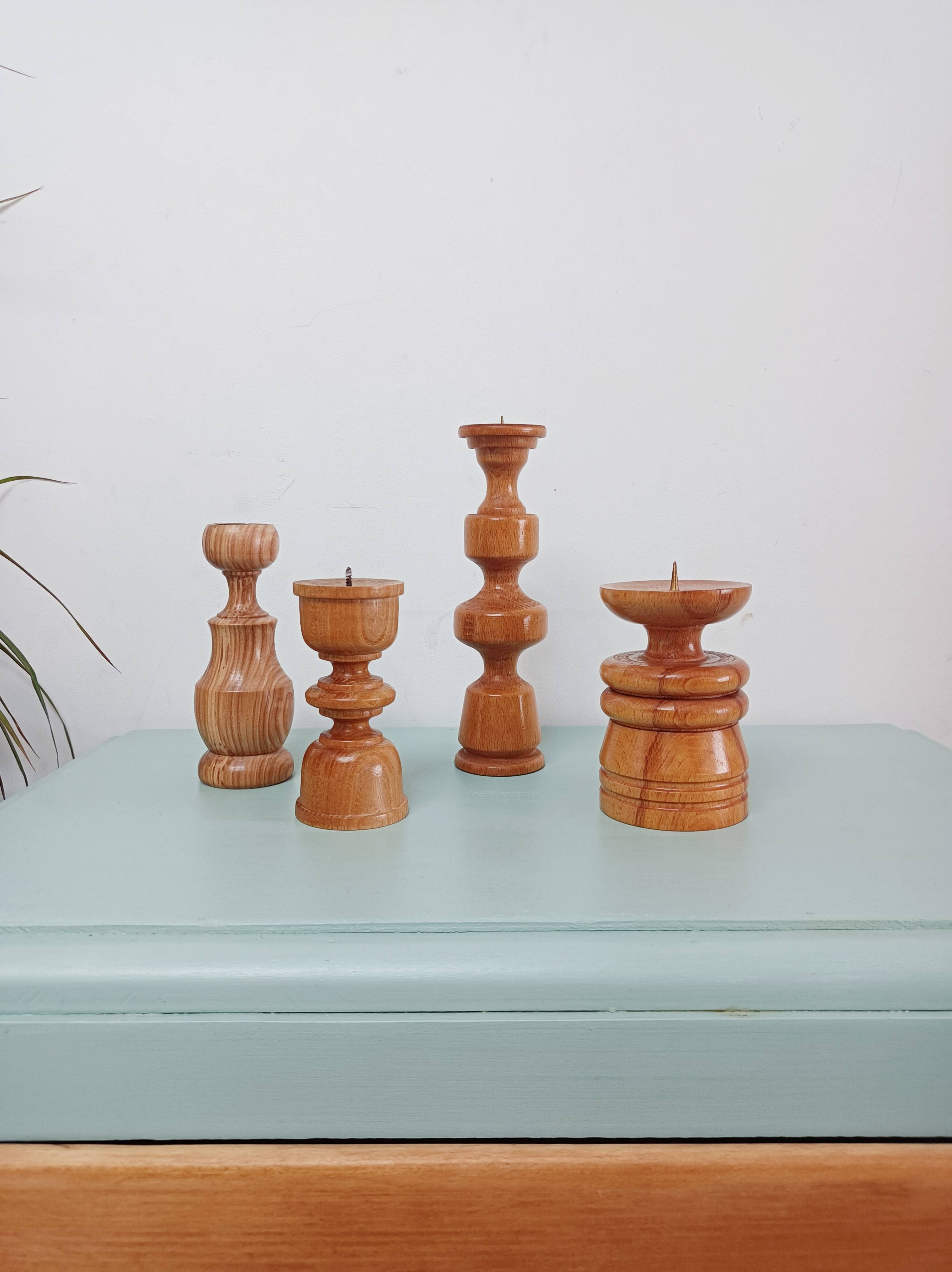 Set of 4 Scandinavian turned wooden candle holders