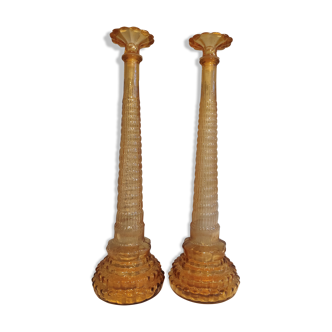 Pair of amber-coloured carafes