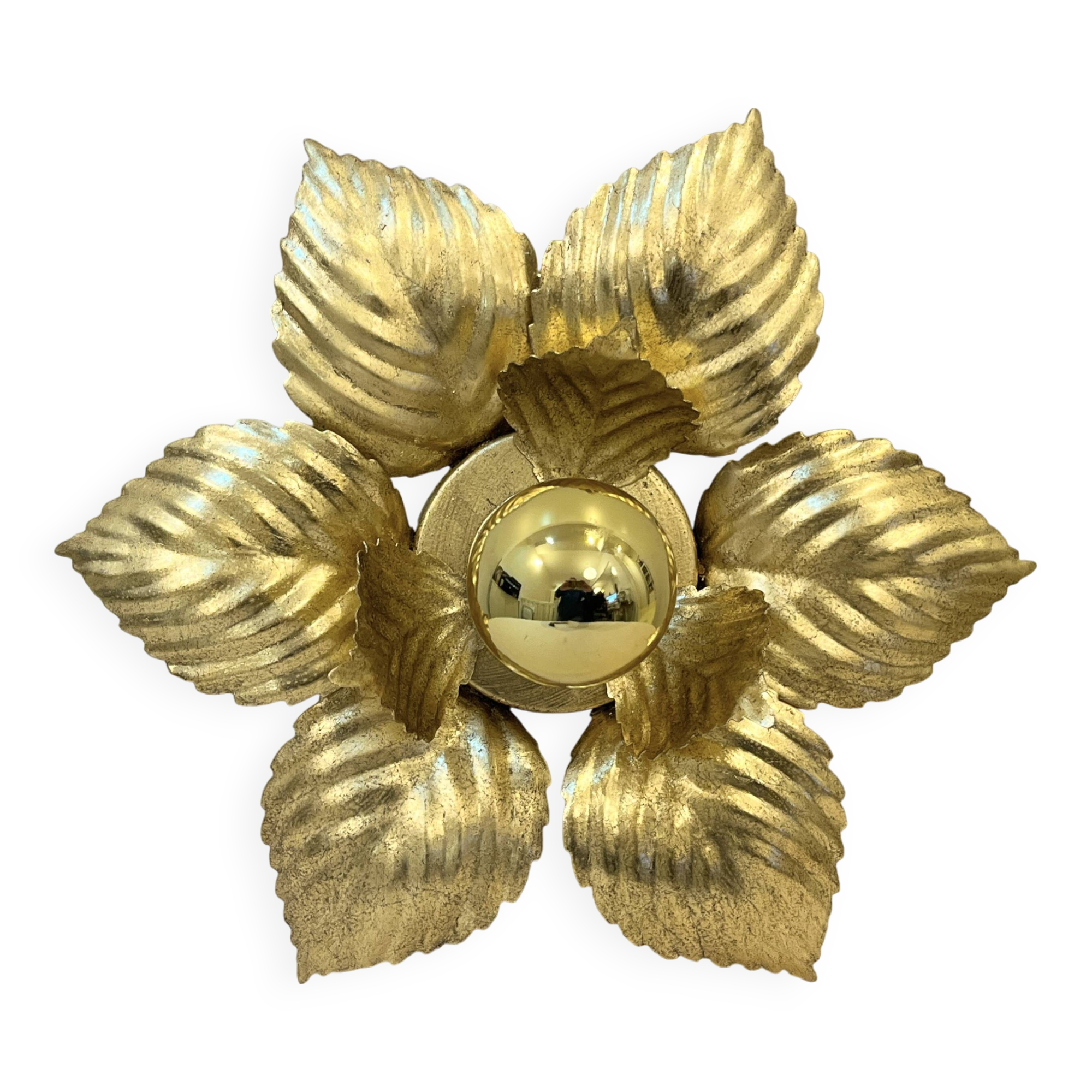 Masca 1970s 1980s Hollywood Regency Gold Leaf Metal Flower Wall Sconce
