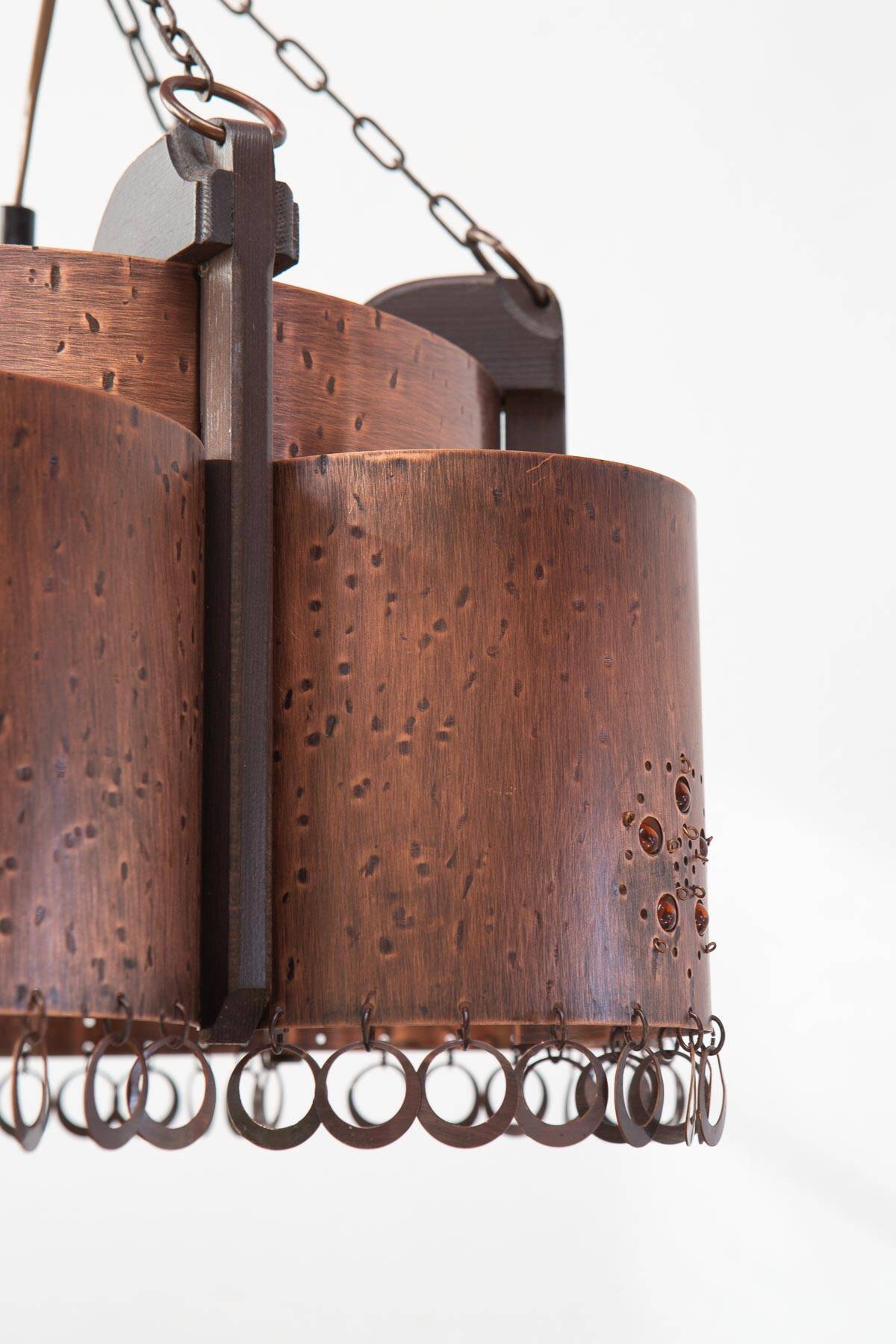 Large Scandinavian copper and wood pendant lamp circa 1970