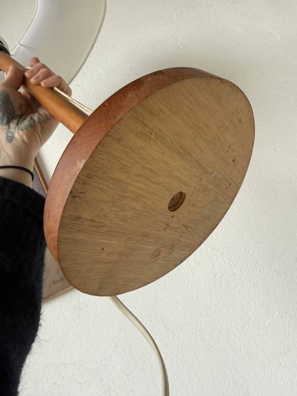 70s oak wood table lamp