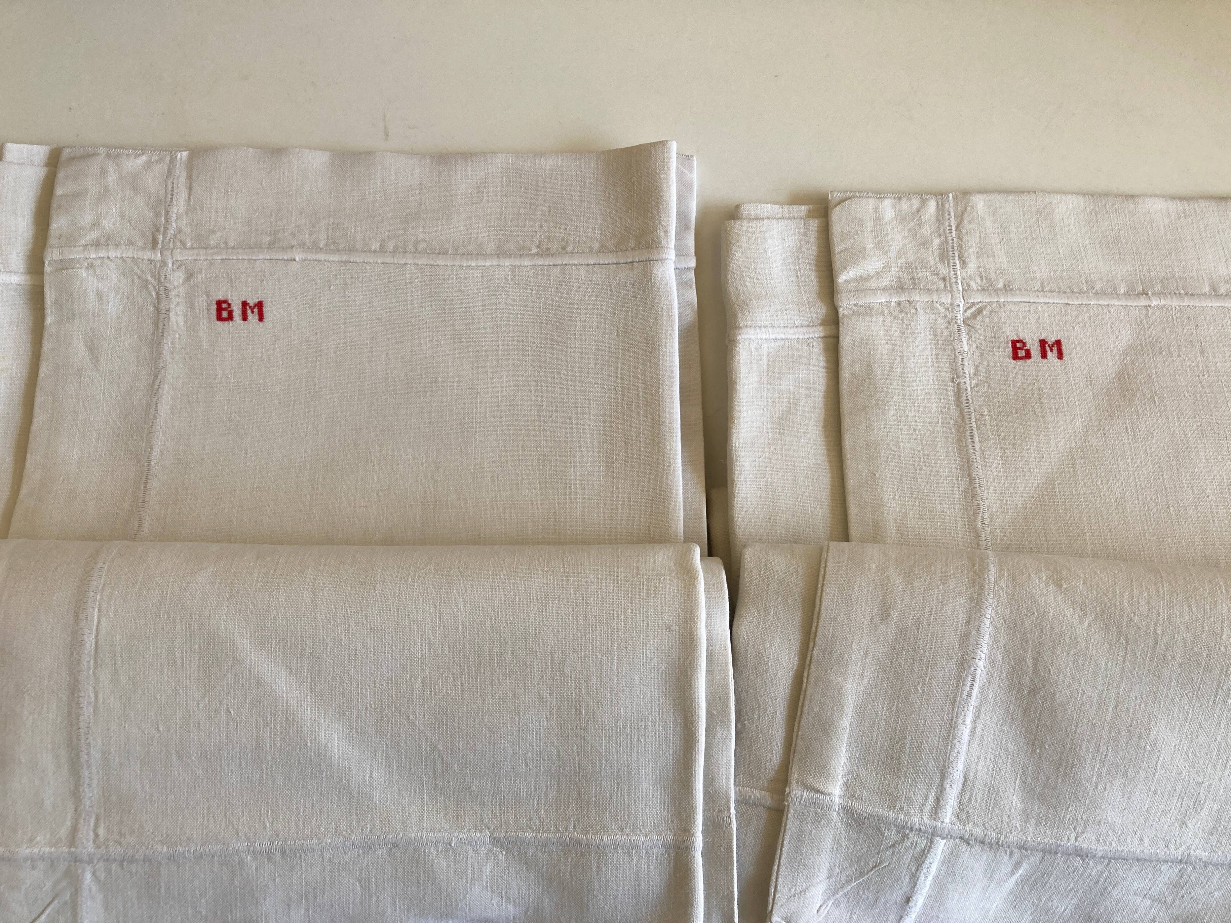 Pair of pillowcases of linen canvas trousseau 1960 modernist reserve linen