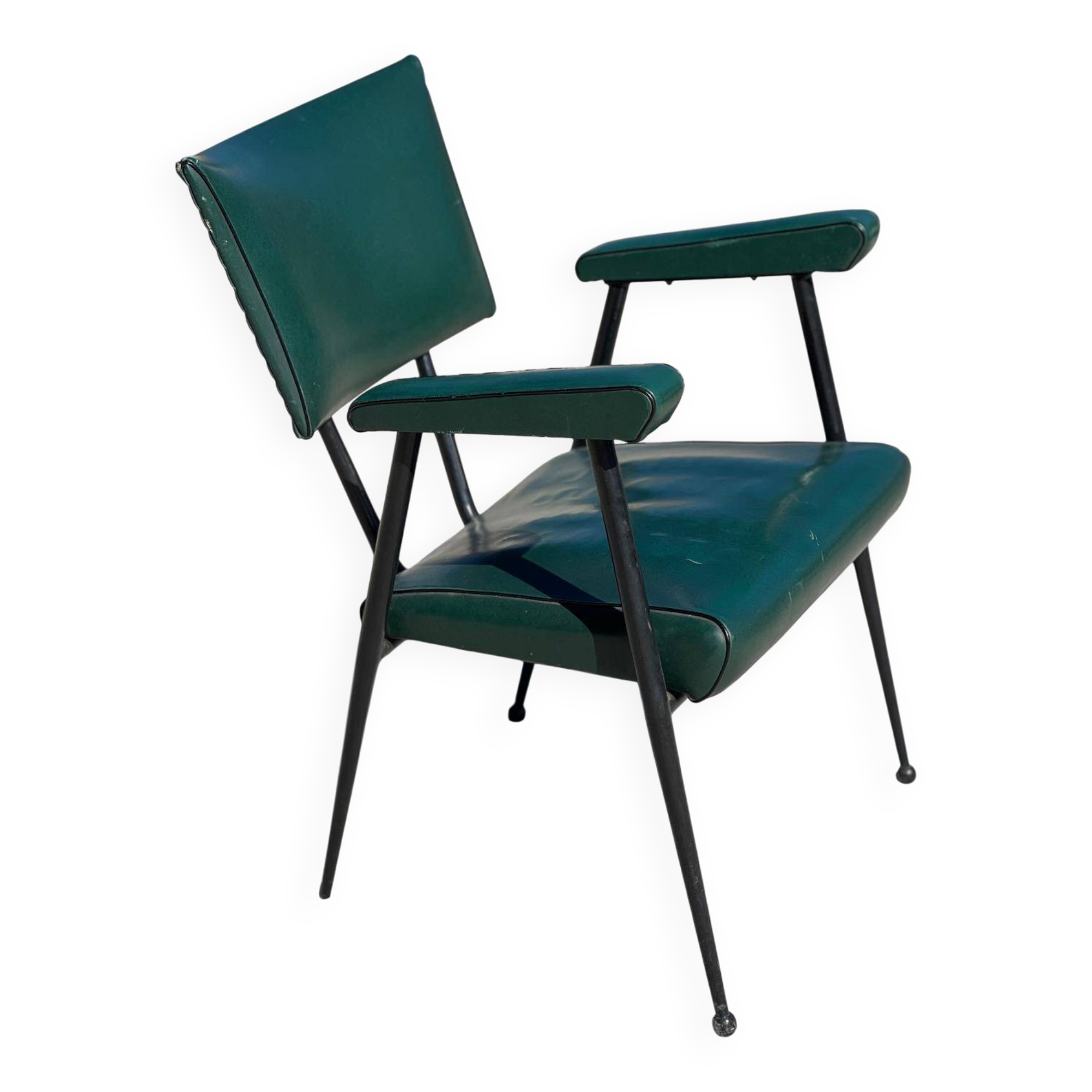 Rare green leatherette armchair, by "Colette Gueden", designer from the 1950s