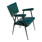 Rare green leatherette armchair, by "Colette Gueden", designer from the 1950s