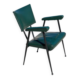 Rare green leatherette armchair, by "Colette Gueden", designer from the 1950s