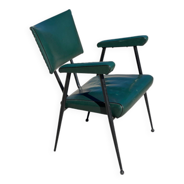Rare green leatherette armchair, by "Colette Gueden", designer from the 1950s