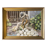 Tableau HSP "Coupeur de noix de coco" Sao Paulo signé Auberger 1969 + cadre