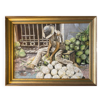 HSP painting "Coconut cutter" Sao Paulo signed Auberger 1969 + frame