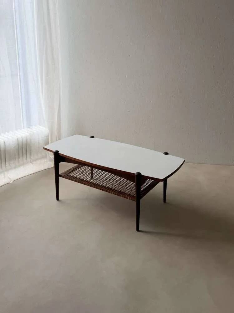 Vintage Creafort coffee table 1960s teak with rattan magazine shelf