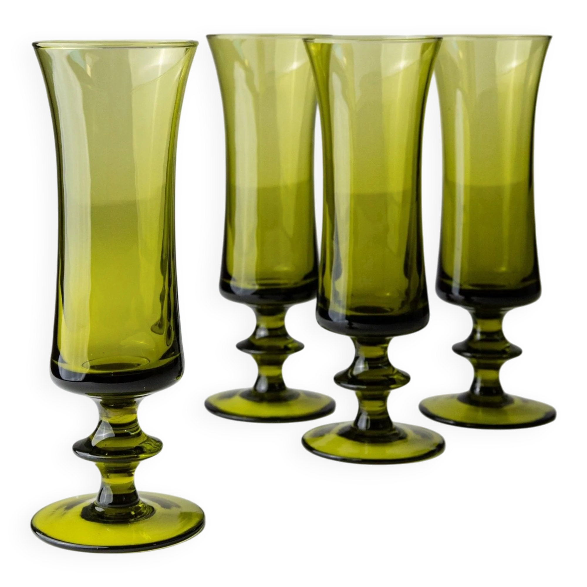 4 green Murano glass drinking glasses - mid-century Italian stemware, olive - 1970s retro cocktail set