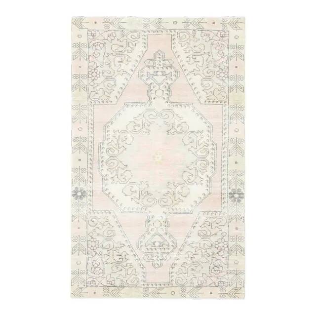1970s Vintage Turkish Oushak Handmade Wool Cotton Pink Area Rug 130x211