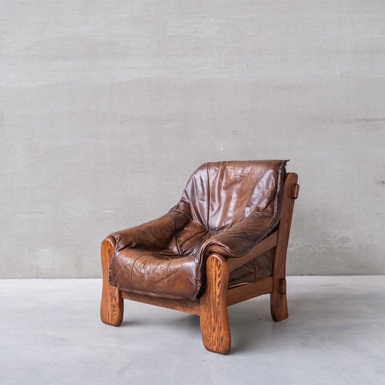 Pair of Oak Brutalist Leather Mid-Century Armchairs