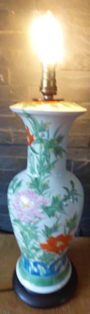 Chinese white earthenware lamp base with flower decoration