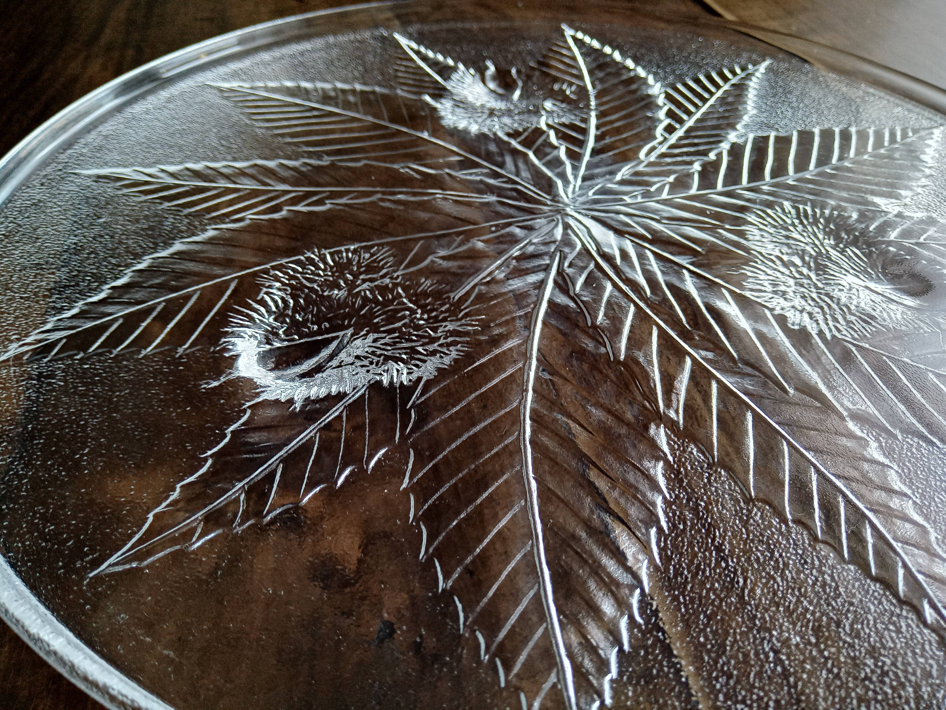 Plat à tarte ou à gâteau vintage en verre décor en relief feuille de marronnier et bogues
