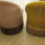 Set of 2 yellow and pink velvet tub chairs.