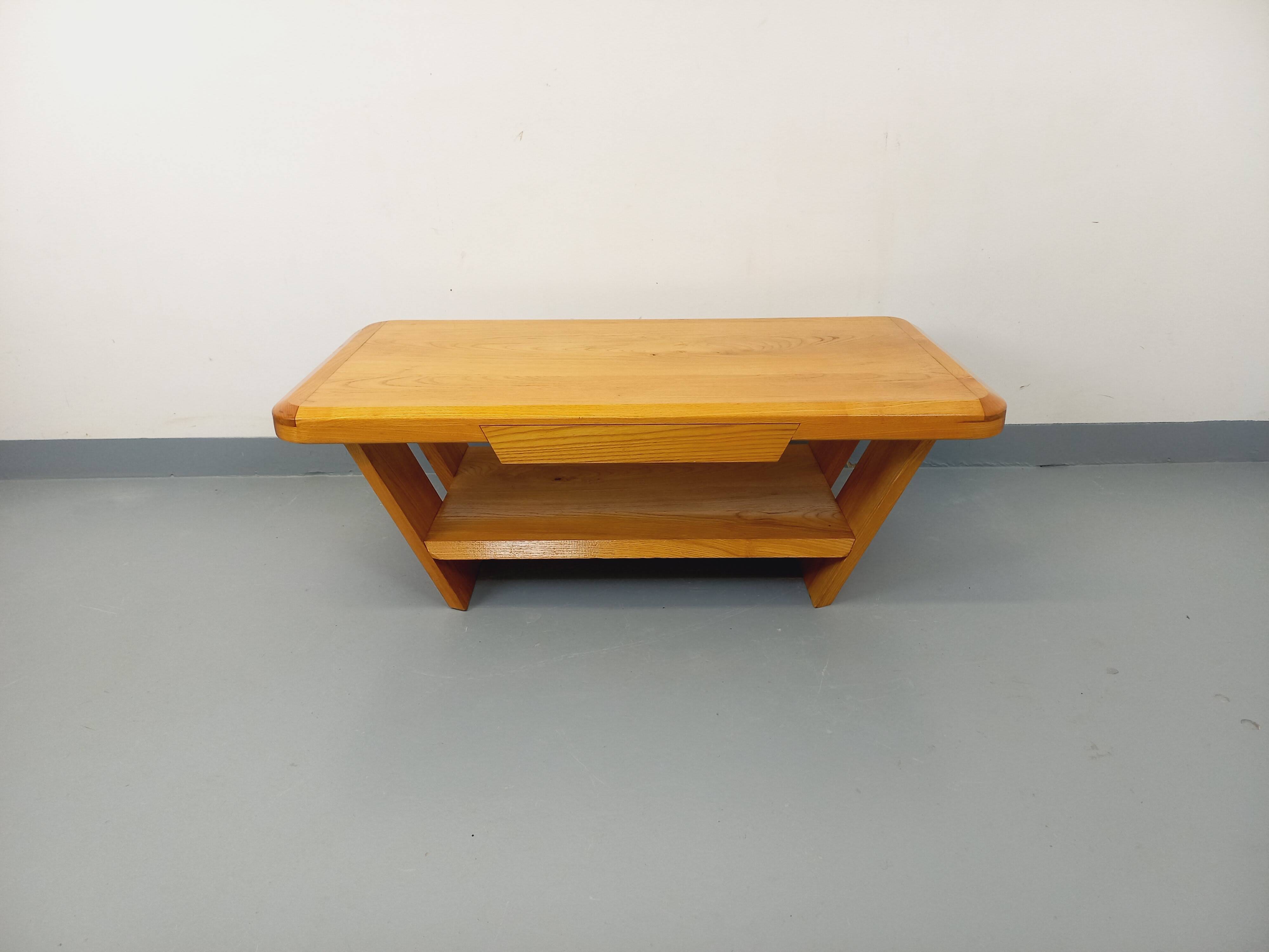 Vintage rectangular brutalist coffee table in solid elm.