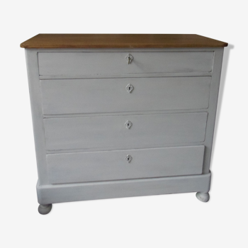 Chest of drawers of the year 1900 revisited, patinated pearl gray, wooden top.