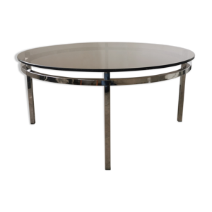 Table basse ronde chromé et verre fumé 1970