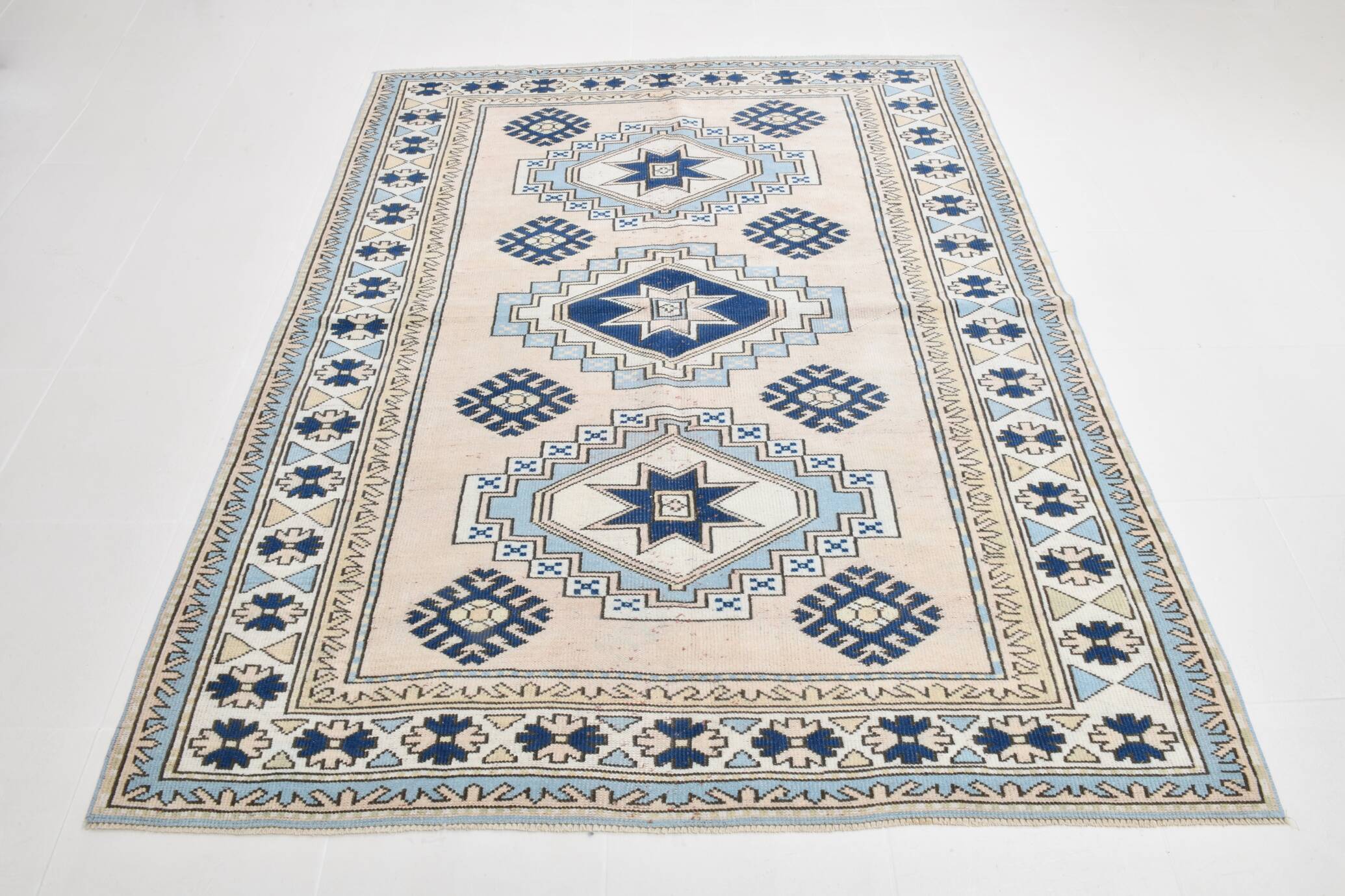 6x8 Vintage Rug İn Blue Tones, Turkish Wool Pattern Rug, 225x178 Cm