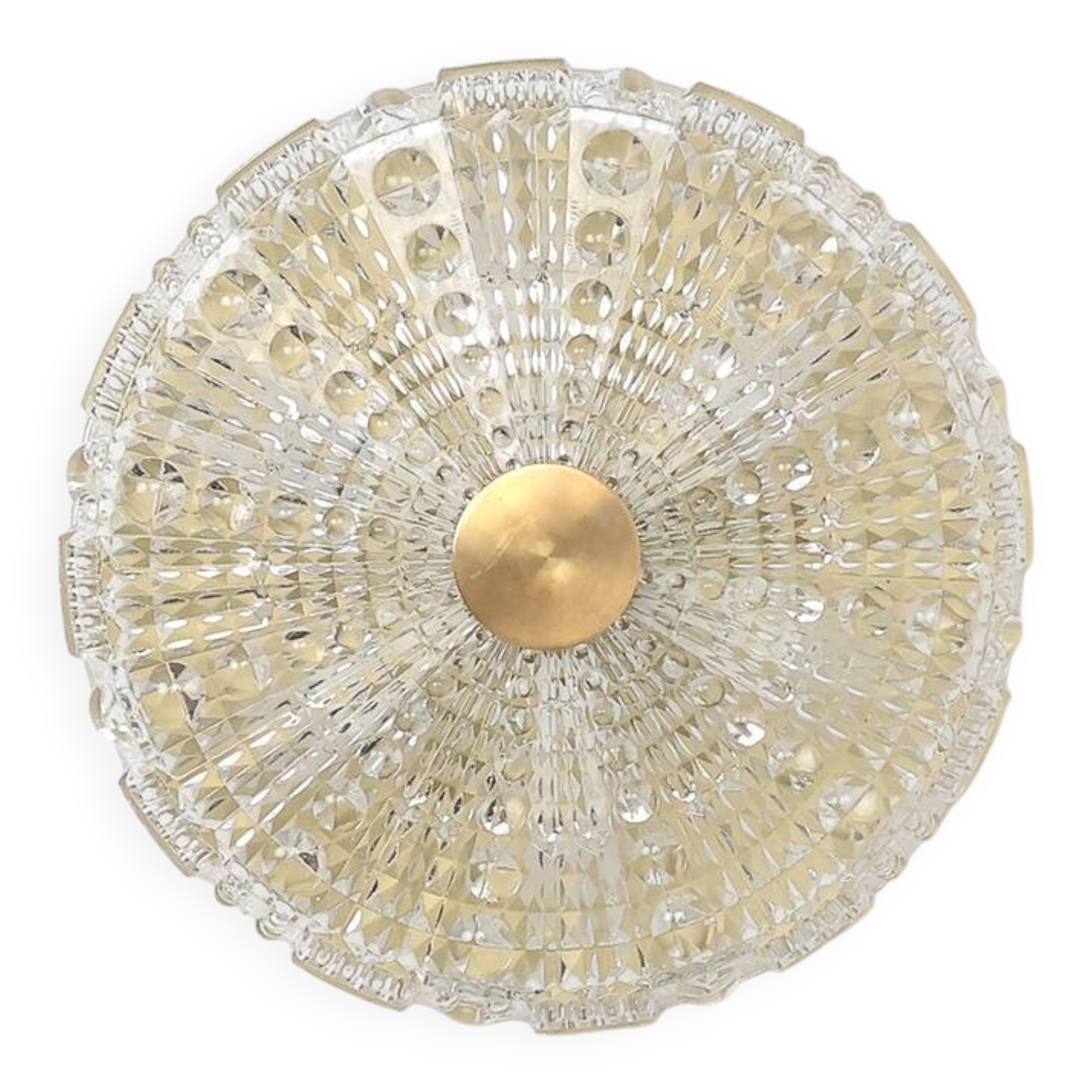 Orrefors crystal and brass ceiling lamp for Lyfa, 1970s