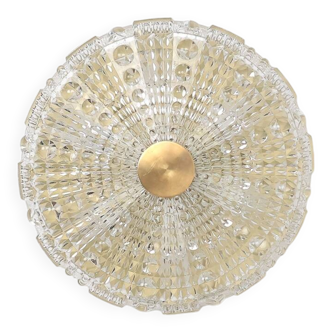 Orrefors crystal and brass ceiling lamp for Lyfa, 1970s