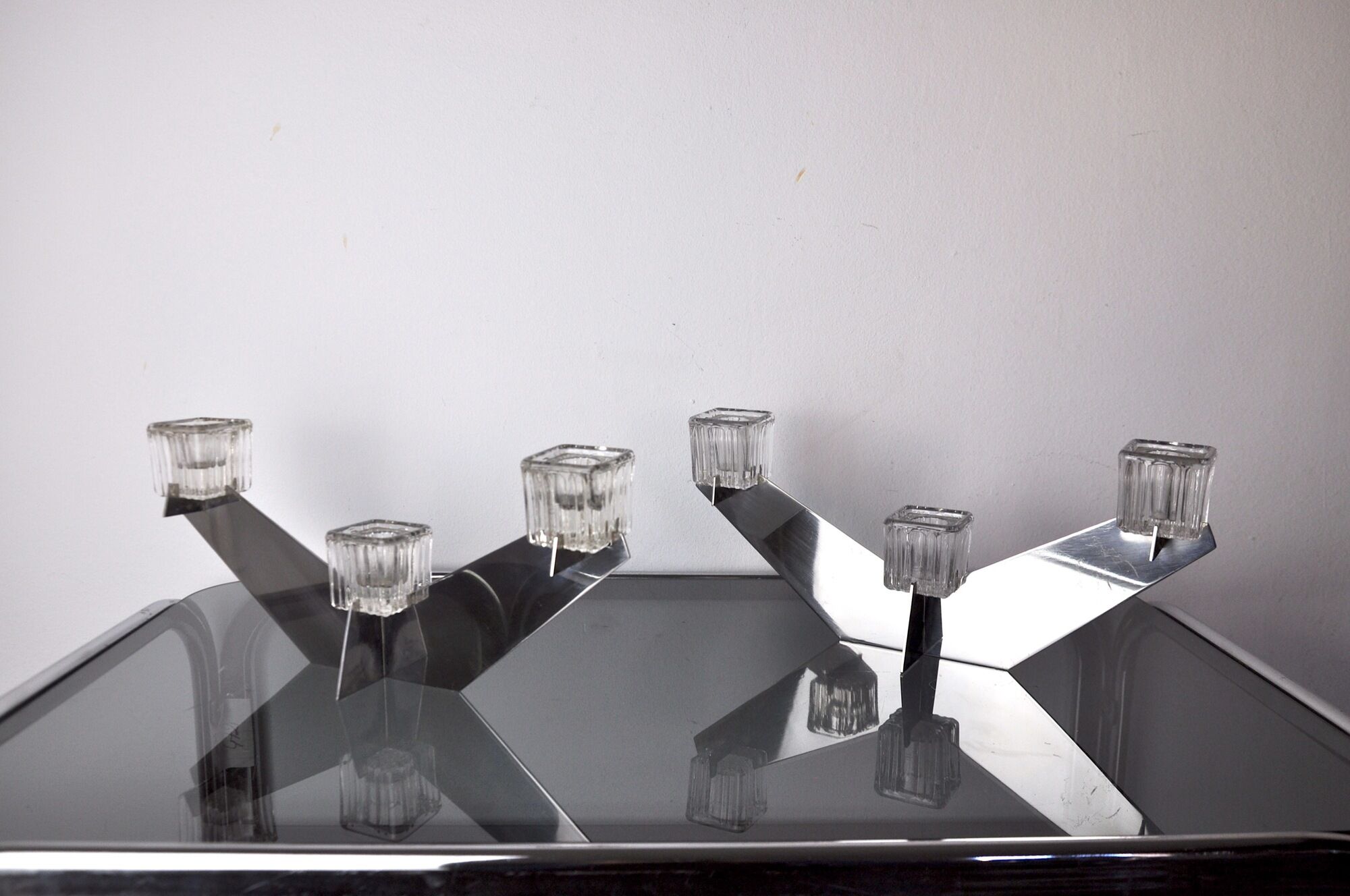 Pair of Peill & Putzler candlesticks, glass and metal, Germany, 1970
