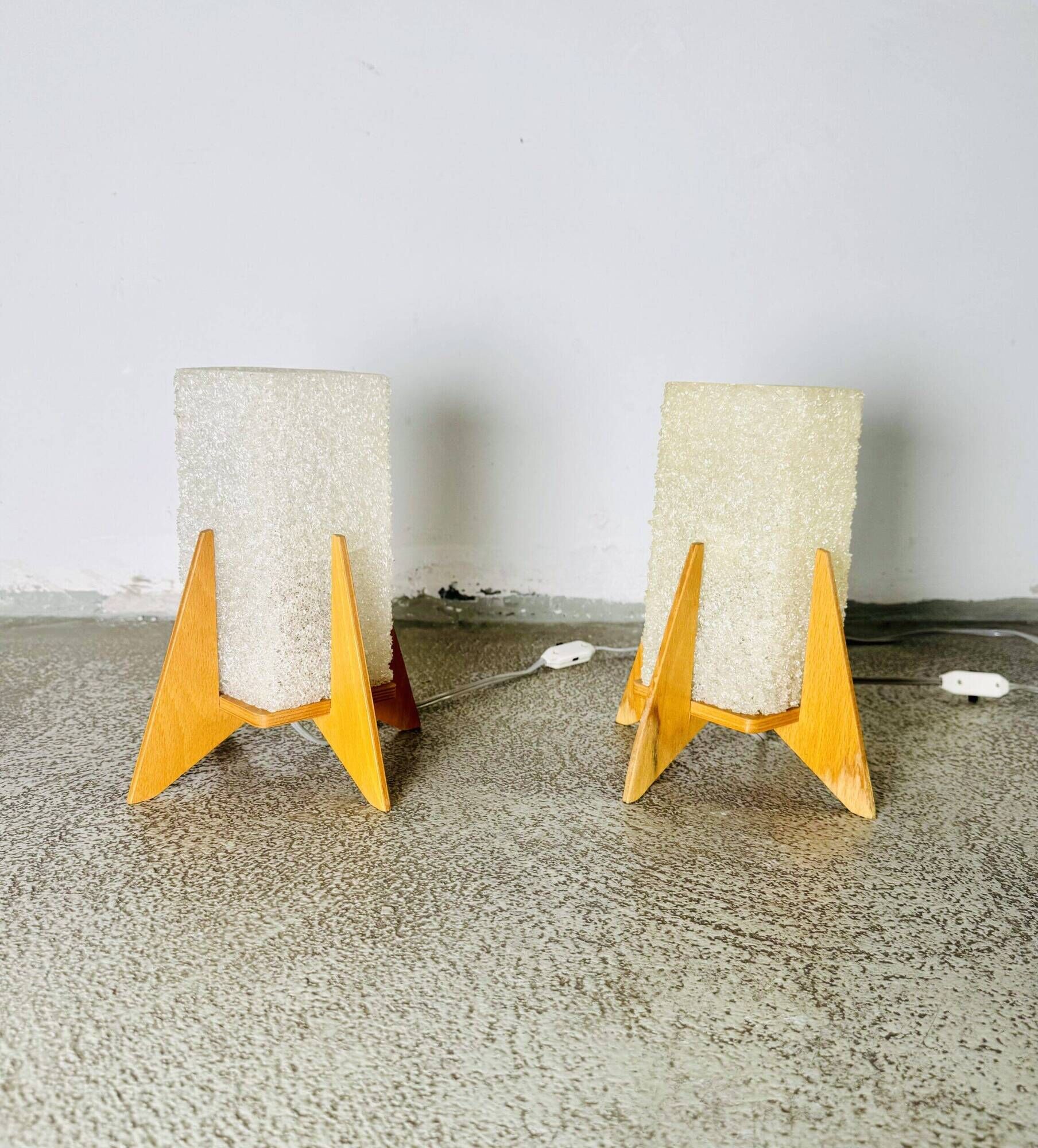 Rocket Desk Lamps In Wood & Glass Crystal By Pokrok Zilina, Poland 1970S