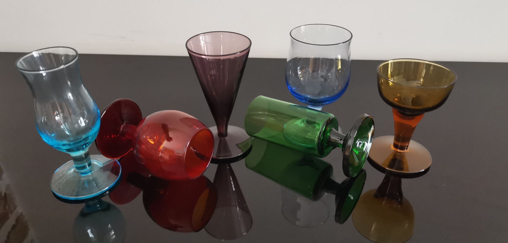 Set of 6 old liquor glasses on mismatched feet