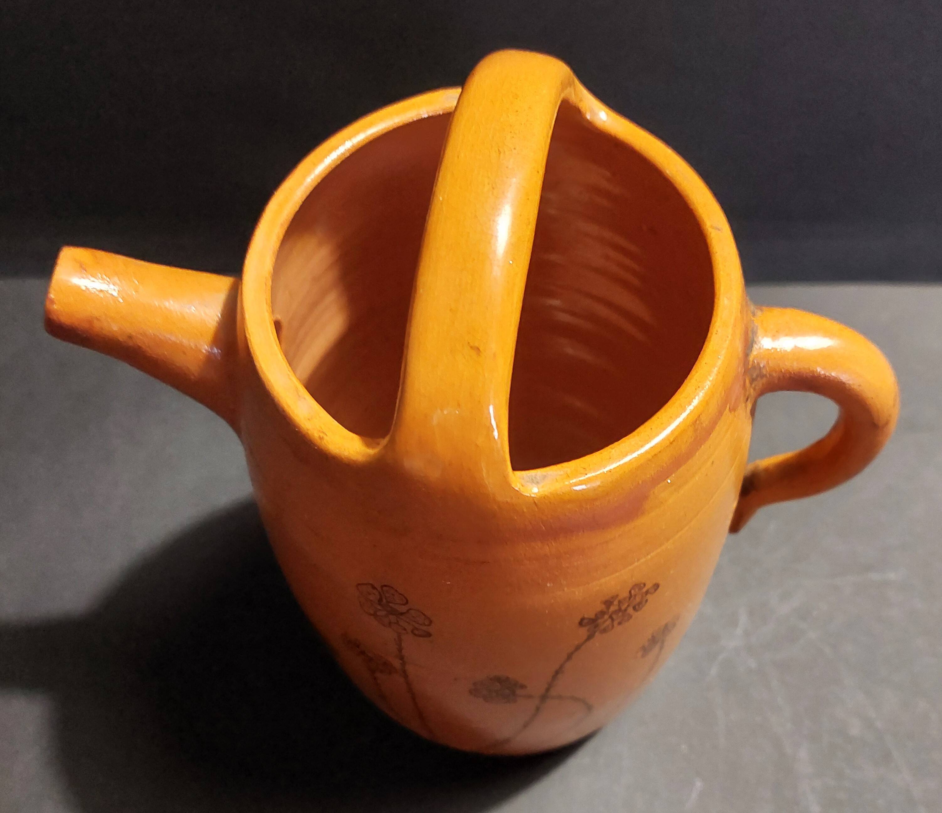 20th century ceramic chevrette enameled terracotta jug signed CM