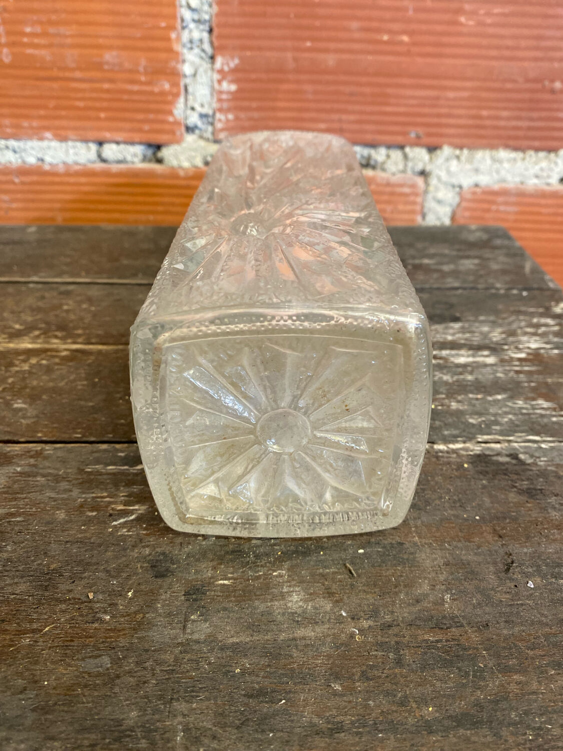 Vintage 1970s Rectangular Moulded Glass Vase with Sun Decoration #D757