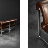 Mid-century modern German vintage canapé lounge, 2-seater, brown steel frame.