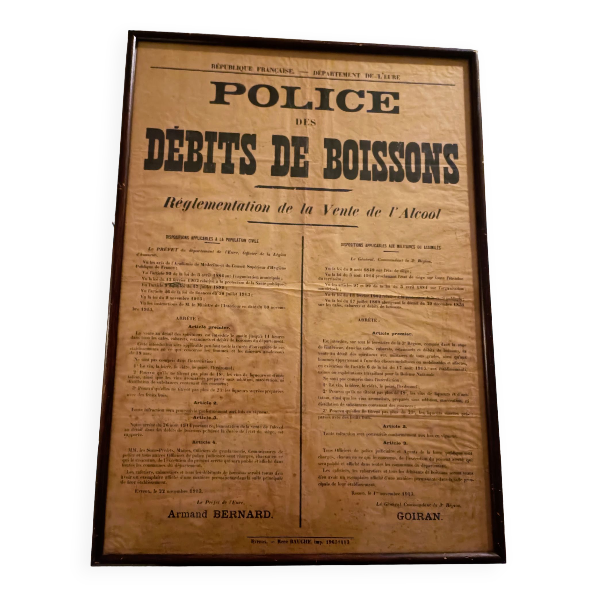 Affiche encadrée  - police des débits de boisson 1915 - WWI