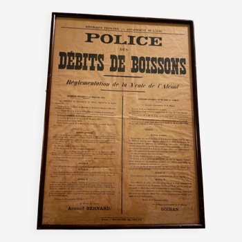 Affiche encadrée  - police des débits de boisson 1915 - WWI