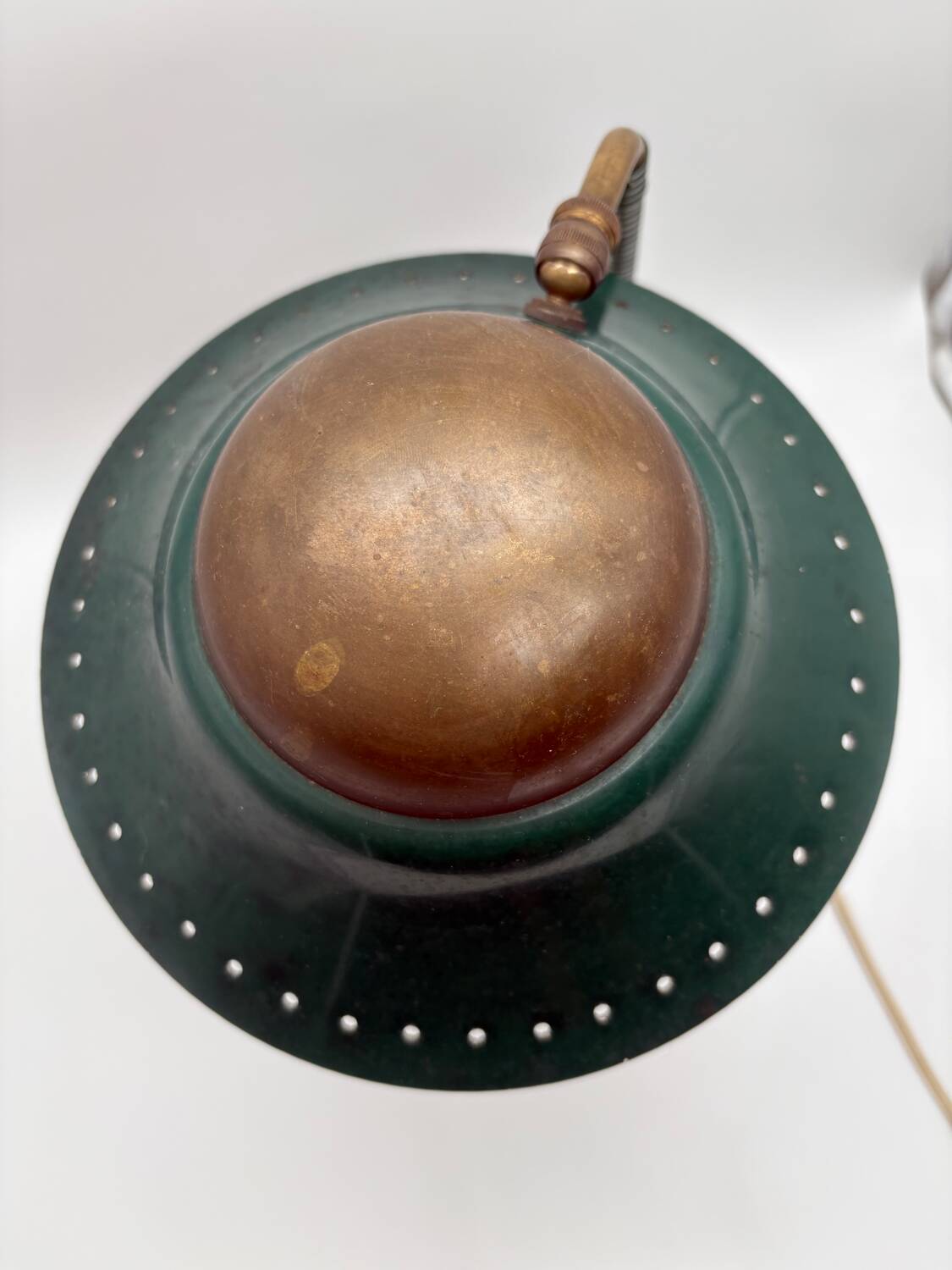 1960s cocotte desk lamp, green and brass, table lamp