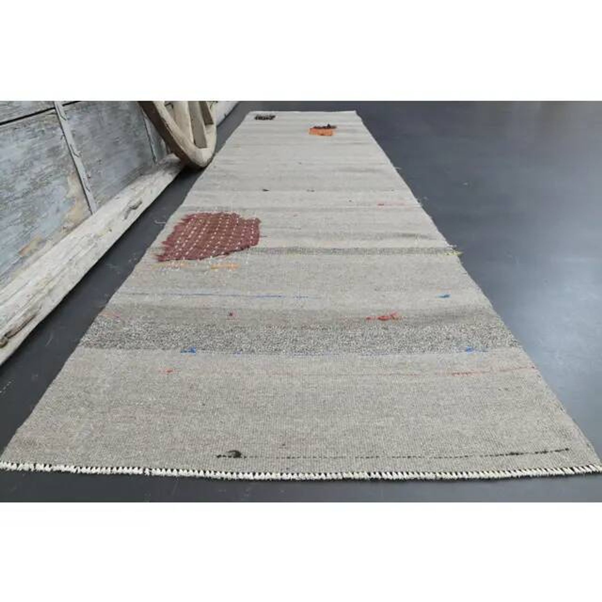 1970s Vintage Turkish Oushak Handmade Wool Cotton Gray Runner Rug 86x332