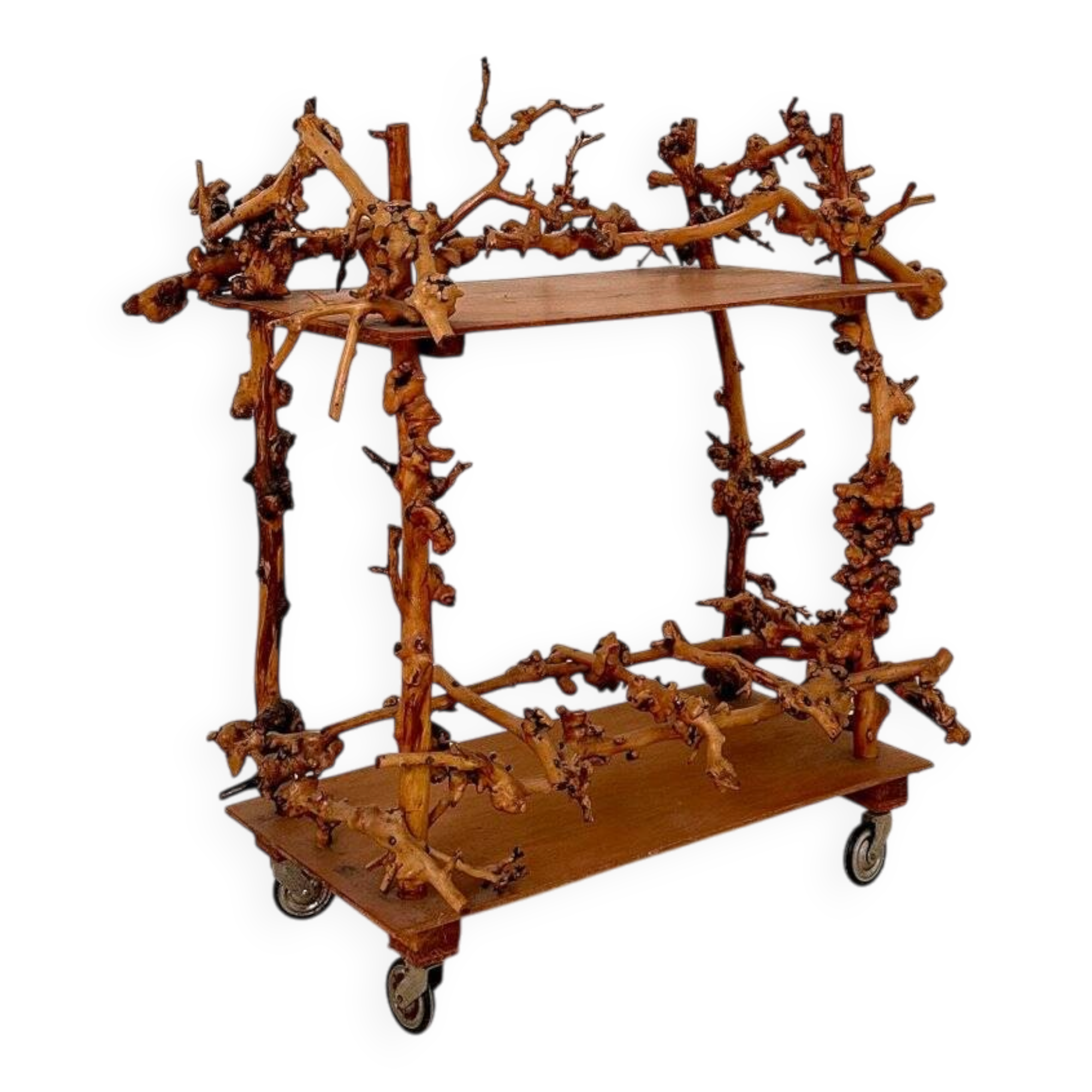 Mid-Century Bar Cart in Brown Burl, Plywood and Root Wood, 1960s