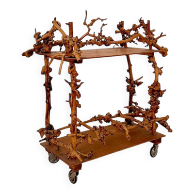 Chariot de bar en noyer, contreplaqué et bois de racine, années 1960