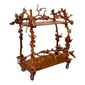Mid-Century Bar Cart in Brown Burl, Plywood and Root Wood, 1960s