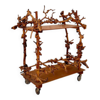 Mid-Century Bar Cart in Brown Burl, Plywood and Root Wood, 1960s