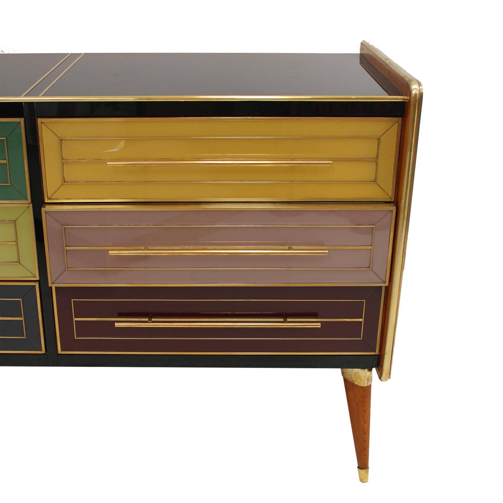 Italain Sideboard Made Of Solid Wood And Covered With Colored Glass 1950S