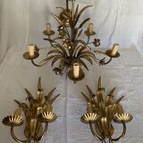 Hans Kögl style 6-arm chandelier in gilded metal, 1970s with two wall lights